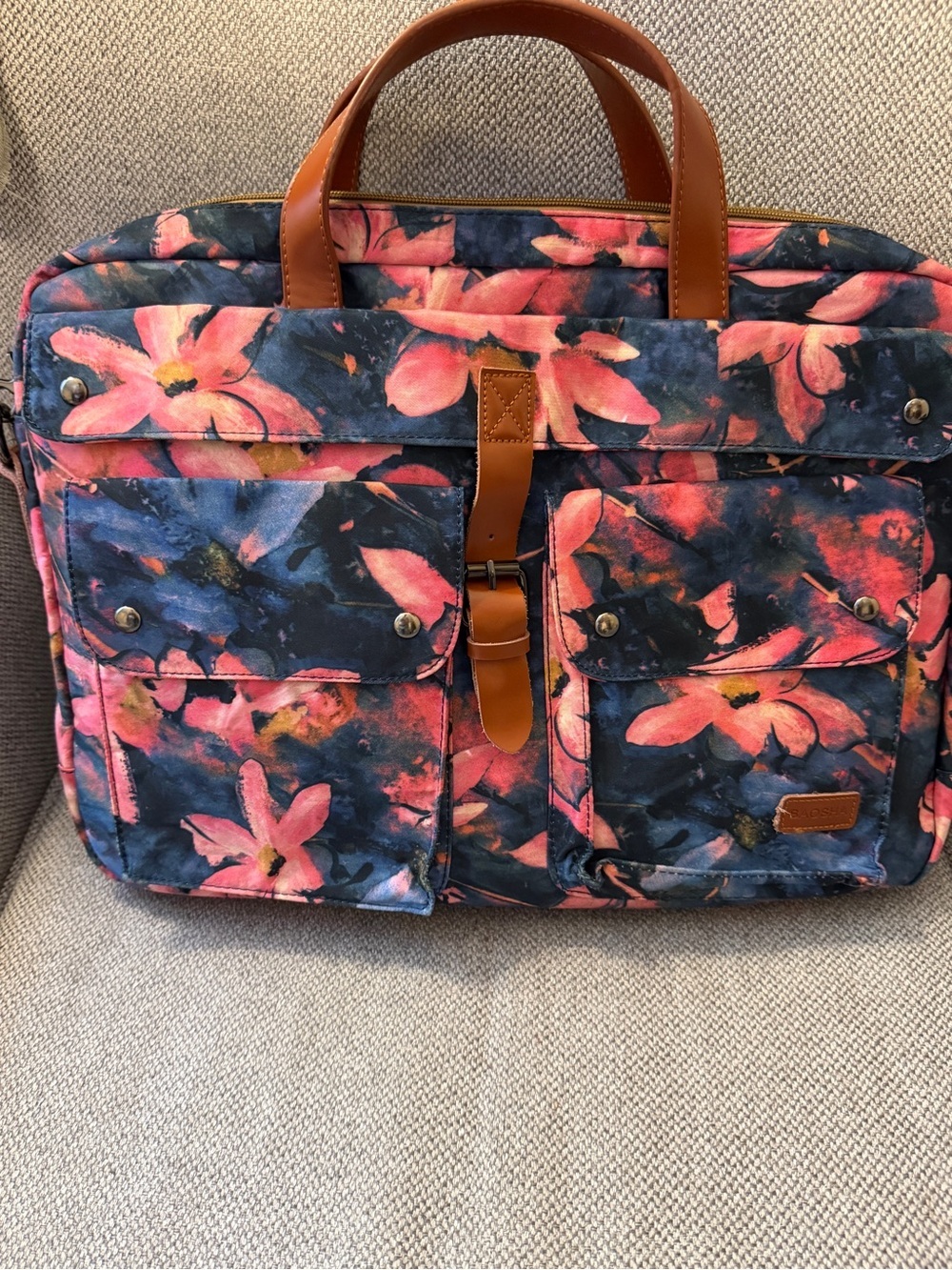 Floral Navy and Pink Laptop Briefcase with Tan Trim